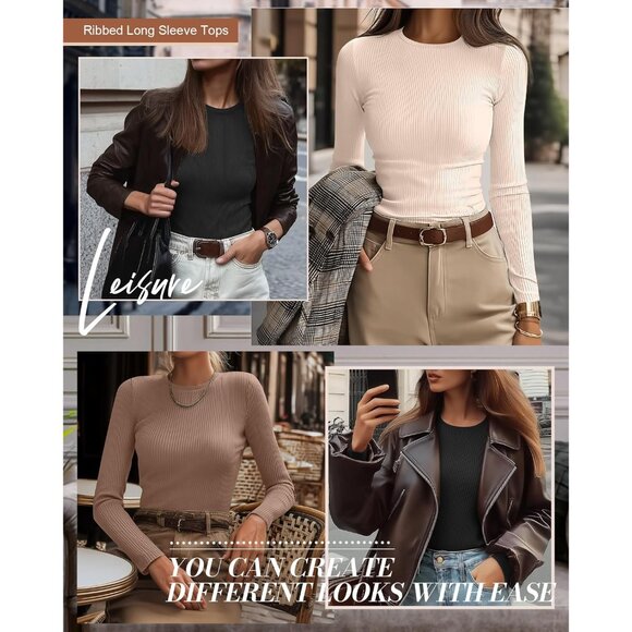 3 Pack Women's Ribbed Long Sleeve Tops, Crew Neck Slim Fit Undershirts Knit Basi - Picture 4 of 5